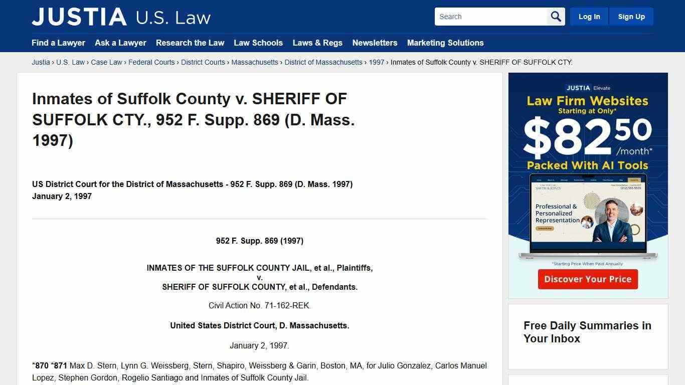 Inmates of Suffolk County v. SHERIFF OF SUFFOLK CTY., 952 F. Supp. 869 (D. Mass. 1997) :: Justia