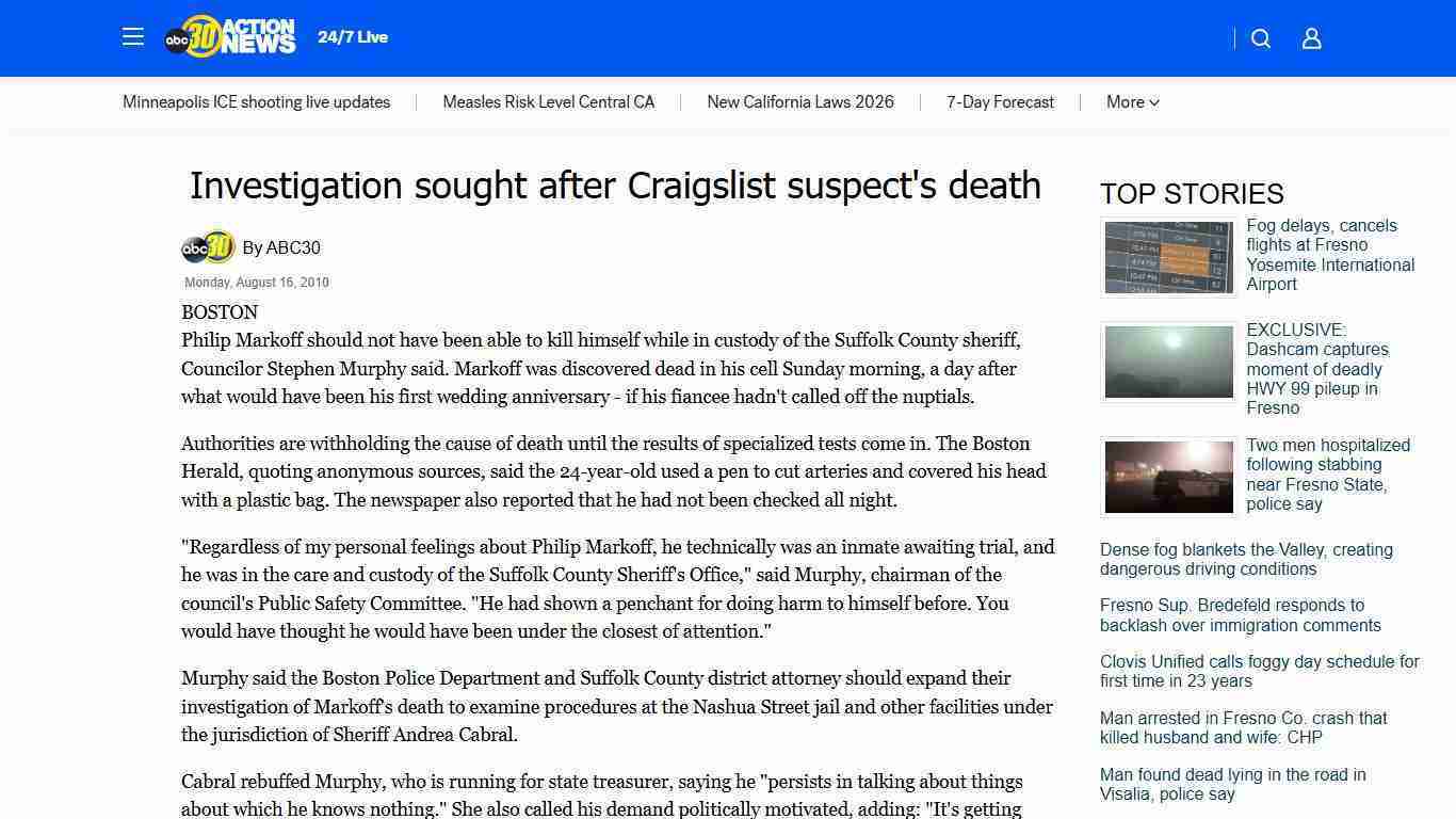 Jail probe sought after Craigslist suspect's death | ABC30 Fresno | abc30.com - ABC30 Fresno