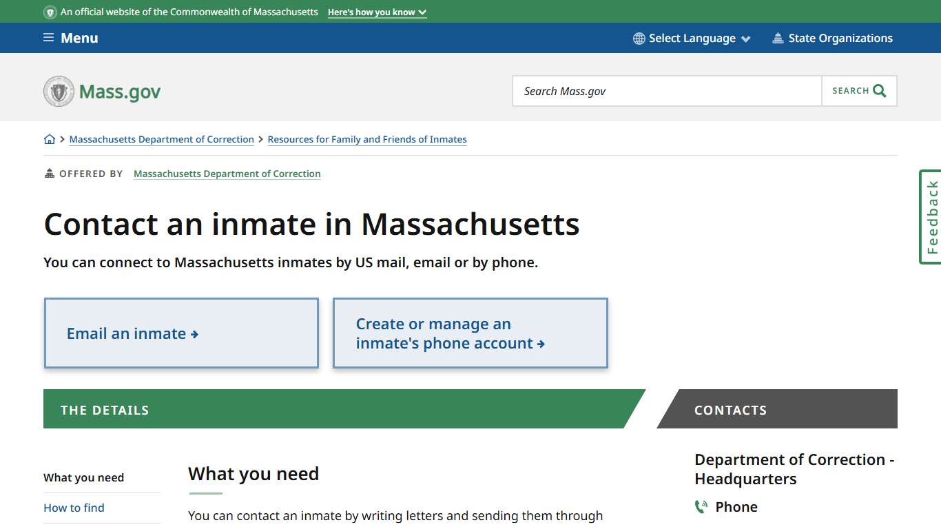 Contact an inmate in Massachusetts | Mass.gov